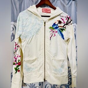 Johnny Was Los Angeles Multicolored Bird Floral Design Cotton Bohemian Hoodie L